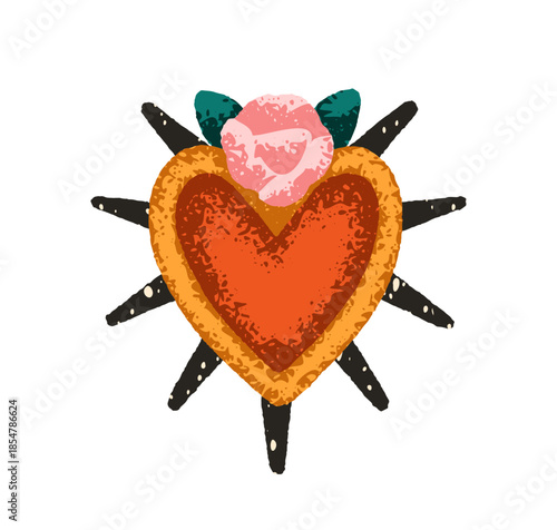 Mexican heart, love symbol with rose flower, spikes. Sacred corazon with spiky thorny frame, floral ornament in traditional Mexico folk style. Flat vector illustration isolated on white background