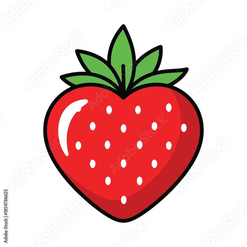 A vibrant and colorful illustration of a perfectly ripe strawberry with detailed seeds and lush green leaves is presented