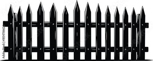 Classic wooden picket fence vector illustration, black garden boundary silhouette, rural timber enclosure isolated on white background for backyard landscaping and security,