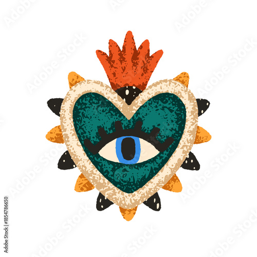 Heart symbol with esoteric watching eye and crown in Mexico ethnic folk style. Mexican corazon icon with sacred ornament. Mystic Valentine. Flat vector illustration isolated on white background