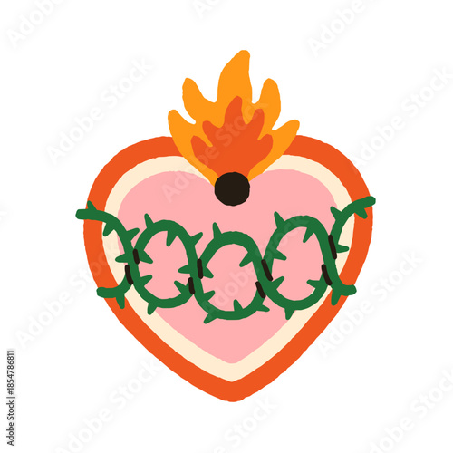 Mexican heart with fire flame crown and thorns. Love symbol, spiritual sacred...