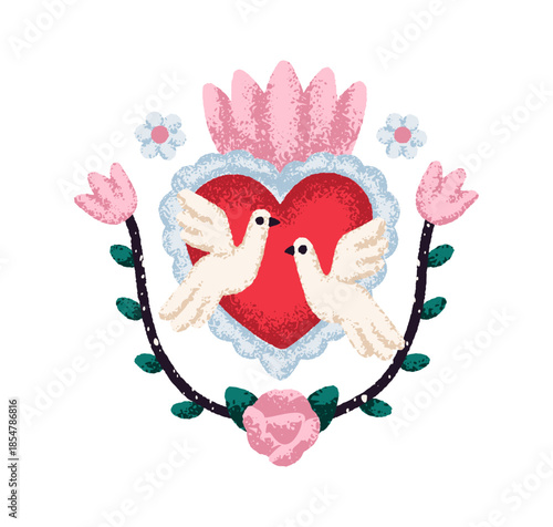 Mexican culture heart with dove couple and flower crown. Sacred corazon, love...