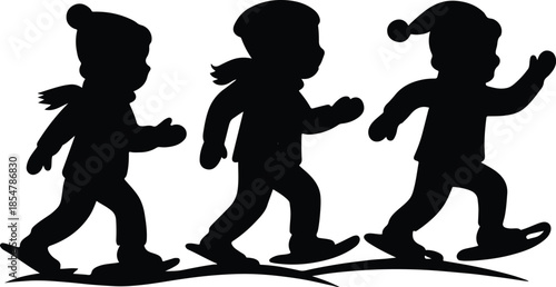 Children Snowshoeing Silhouette – Playful Winter Trek Vector Illustration