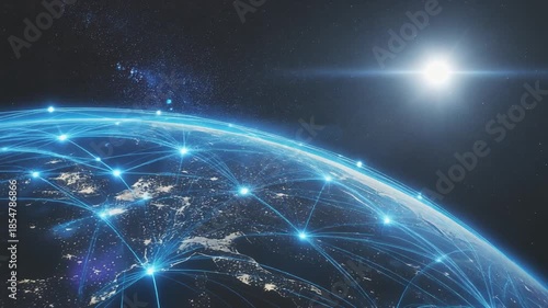 Planet Earth with Global Digital Network and Bright Sun from Space