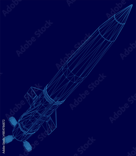 A detailed military rocket blueprint in 3D wireframe style features a pointed nose, dual engines, and a tail fin. The realistic white outline contrasts sharply against the solid blue background.
