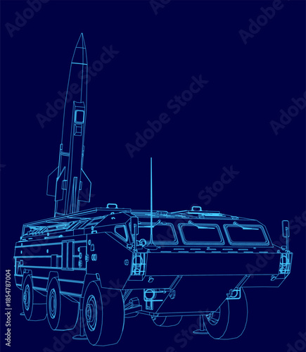 A military vehicle blueprint features a missile launcher on a truck chassis with clean contour lines against a dark blue background.