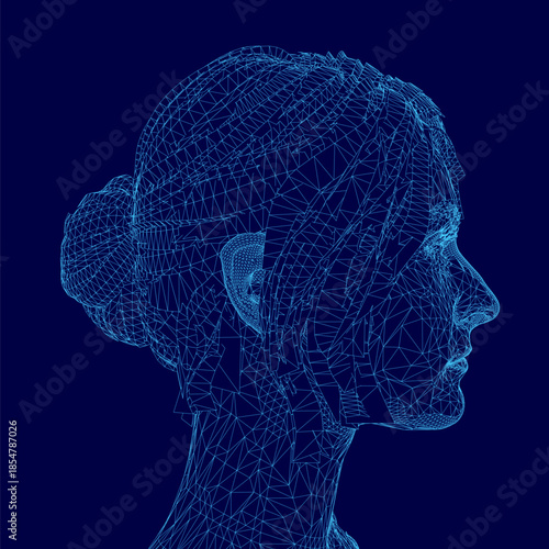 Low polygonal wireframe of a woman's face on a blue background, featuring intricate geometric lines and shapes.