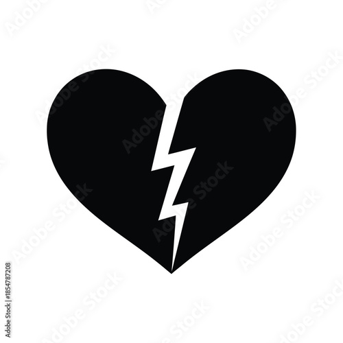a simple black heart shape is visually depicted with a prominent jagged crack running directly through the center symbolizing heartbreak