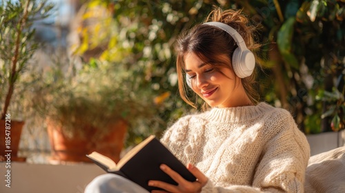 Relax woman outdoor reading with headphones on sunlit balcony in cozy sweater surrounded by potted plants, calm leisure lifestyle scene