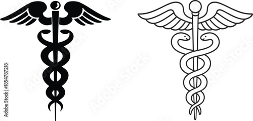 Caduceus symbol vector illustration, black silhouette icon set, medical staff with serpents, healthcare emblem design, wings and snake graphic, isolated sketch