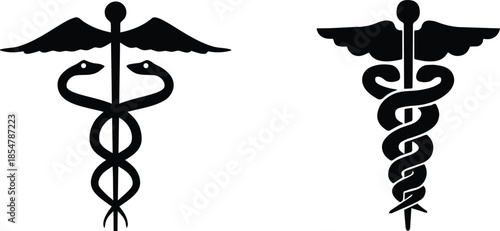 Caduceus symbol vector illustration, black silhouette icon set, medical staff with serpents, healthcare emblem design, wings and snake graphic, isolated sketch