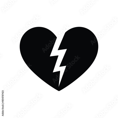 a stark black heart shape is visibly fractured by a jagged white lightning bolt cutting through its center symbolizing pain