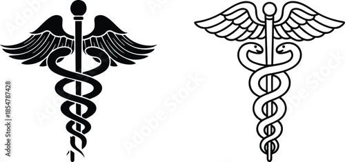 Caduceus symbol vector illustration, black silhouette icon set, medical staff with serpents, healthcare emblem design, wings and snake graphic, isolated sketch