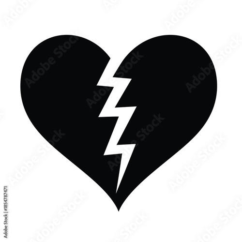 a simple black and white illustration depicts a heart shape that is dramatically fractured down the middle symbolizing heartbreak