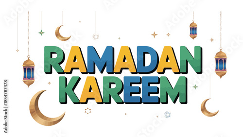 Ramadan Kareem greeting: A colorful, inviting graphic celebrates the sacred month of Ramadan with elegant lanterns and crescent moons, filled with peace and reflection.