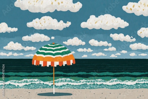 Beach Scene with Cloudy Sky and Decorative Umbrella