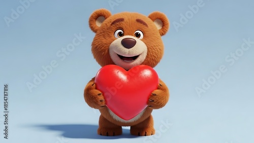 Cute cartoon bear holding red heart on blue background