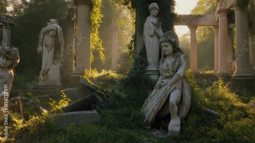 Ancient statues in overgrown garden illuminated by sunlight