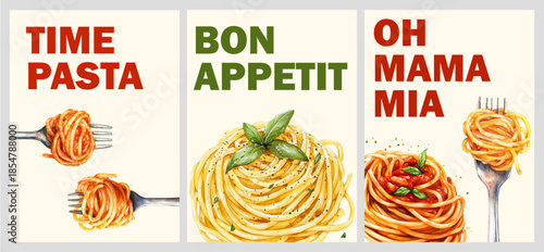 Poster with Italian pasta, Mediterranean tomato sauce and fresh basil. Watercolor summer menu design with Amalfi Coast patterns and vintage postage stamp frames.