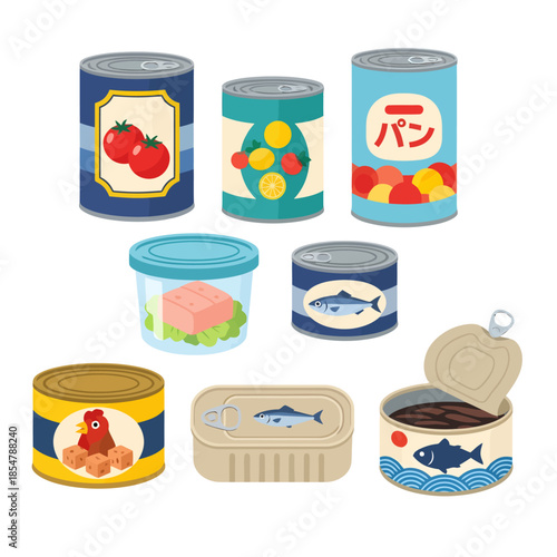A vibrant vector set displays an assortment of preserved foods, featuring colorful tins of tomatoes, fruit, Japanese bread, and fish, including one opened can