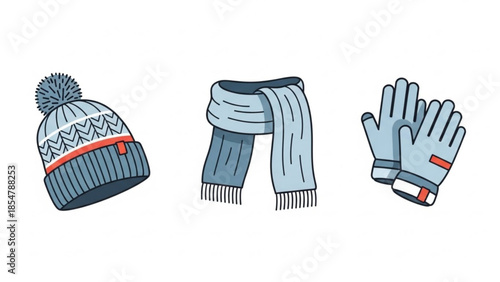 Set of winter clothing including knitted hat, scarf, and gloves, cold weather accessories