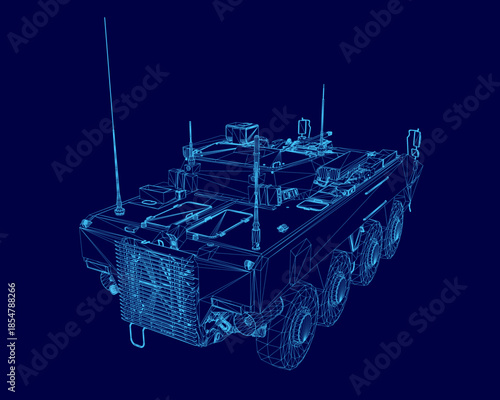 A detailed 3D wireframe blueprint of a military armored personnel carrier, isolated on a solid blue background for clear presentation.