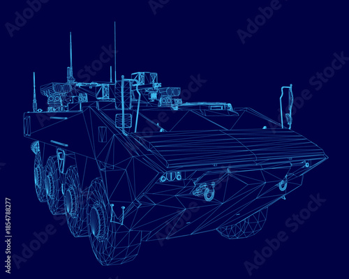 A detailed blueprint of a military armored personnel carrier, presented as a technical wireframe illustration on a dark blue background.