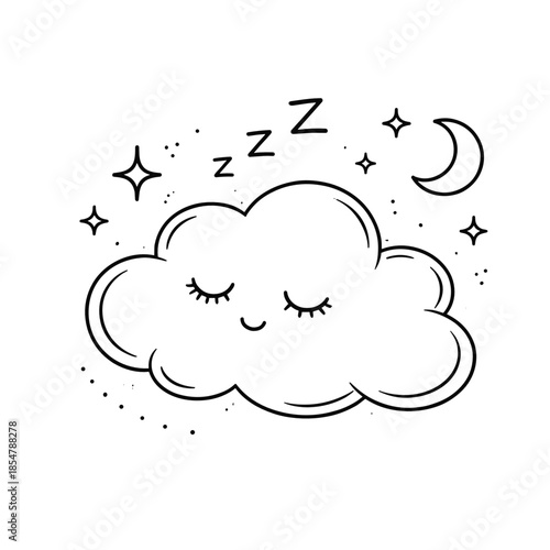 Cute sleeping cloud with closed eyes, surrounded by stars, moon, and "Zzz" symbols. Hand-drawn style illustration representing peaceful sleep, bedtime, or nighttime.