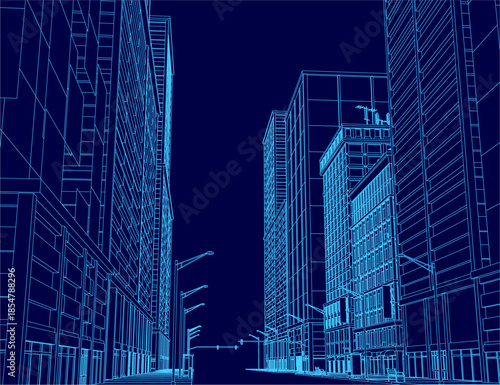 A blueprint-style city street contour glows at night, featuring tall buildings, street poles, and lights under a starry sky.