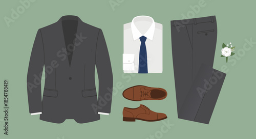 Groom Wedding Suit Set Flat Vector Illustration