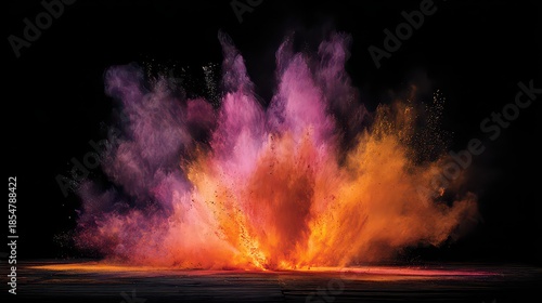 Colorful Powder Explosion on Black Background with Dynamic Particles and Vibrant Pigments in Studio Lighting