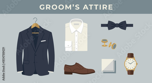 Groom Wedding Attire Icon Set Flat Vector