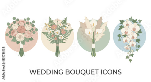 Wedding Bouquet Icons Set Pastel Vector Illustration