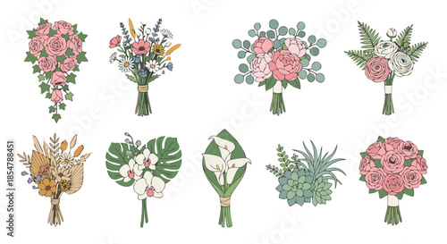 Wedding Bouquet Collection Flat Vector Illustration