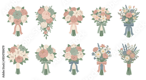 Wedding Bouquet Variations Set Flat Vector Illustration