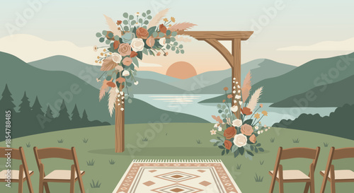 Outdoor Wedding Ceremony with Floral Arch Landscape Vector