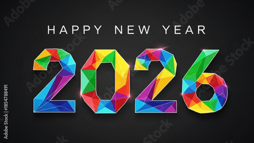 Colorful 2026 happy new year illustration with geometric shapes on black background
