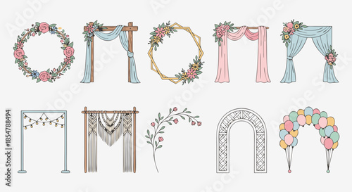 Wedding Ceremony Arch and Decor Set Flat Vector
