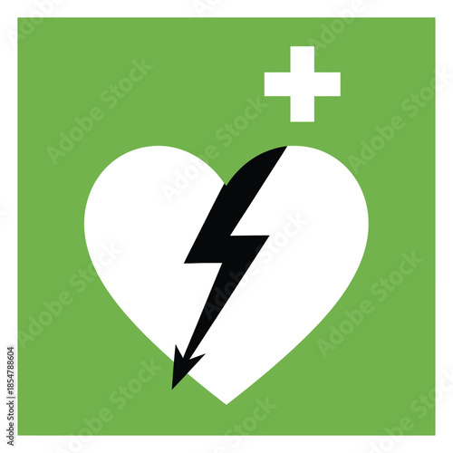 a vibrant green square background displays a white medical symbol featuring a heart bisected by a black lightning bolt and a