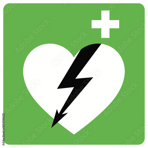 a vibrant green square showcases a white heart symbol intersected by a black lightning bolt and a white cross above it