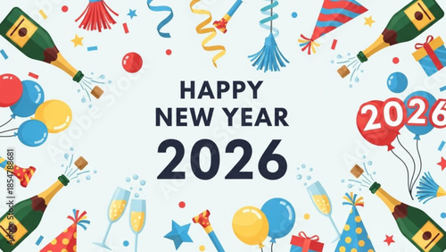 Happy new year 2026 celebration with champagne and colorful party decorations on white