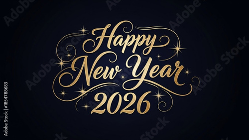 Elegant golden happy new year 2026 greeting with swirls and stars on dark background