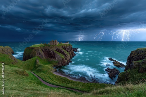 Dramatic Coastal Castle Ruins Under a Stormy Sky with Lightning Streaks Over the Ocean in Scotland