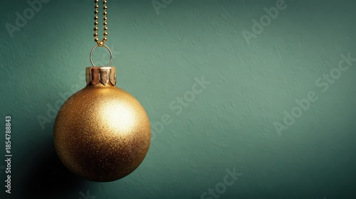 Elegant Gold Bauble Hanging Against a Dark Green Textured Background with Shimmering Glitter in Studio Lighting