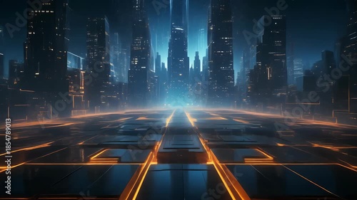 Futuristic cityscape illuminated with glowing lines and architectural design