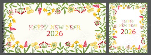 Elegant 2026 Happy New Year floral vector card and banner with hand drawn leave, flower and botanical frame. Trendy organic design perfect for greetings, invitation, poster, branding and festive decor