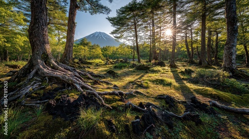 Golden Sunlight Streaming Through a Forest Canopy on Mossy Ground with Mountain View