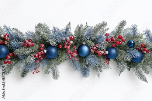 Elegant Blue and Red Christmas Garland with Pine Branches and Berries (PNG 8640×5760)