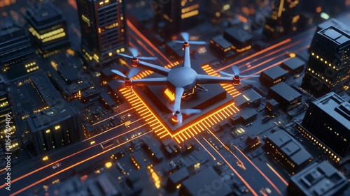 Aerial drone flying over a modern cityscape with futuristic technology