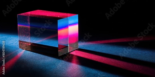 Optical Glass Cube with Glitter and Spectrum Colors on Black Background with Dramatic Lighting Demonstrating Refraction and Reflection Principles